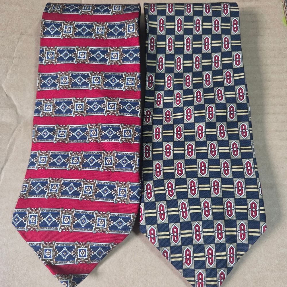 Sutter & Grant Mens Silk Necktie Lot 2 Red Blue Geometric Medallion USA Made